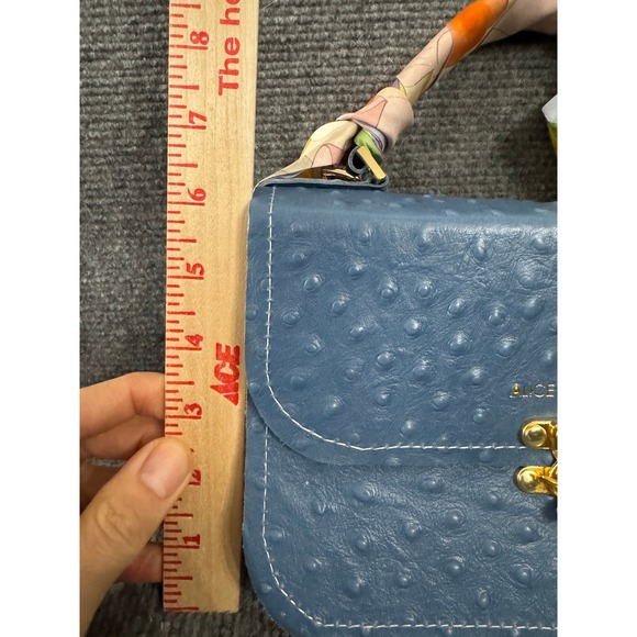 Alice Yardley Blue Ostrich Embossed Leather Top Handle Bag with Scarf Accent - Picture 9 of 11